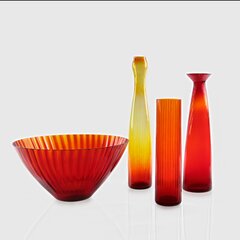 Kolekce červenožlutých skleněných váz a mísy (4Ks)